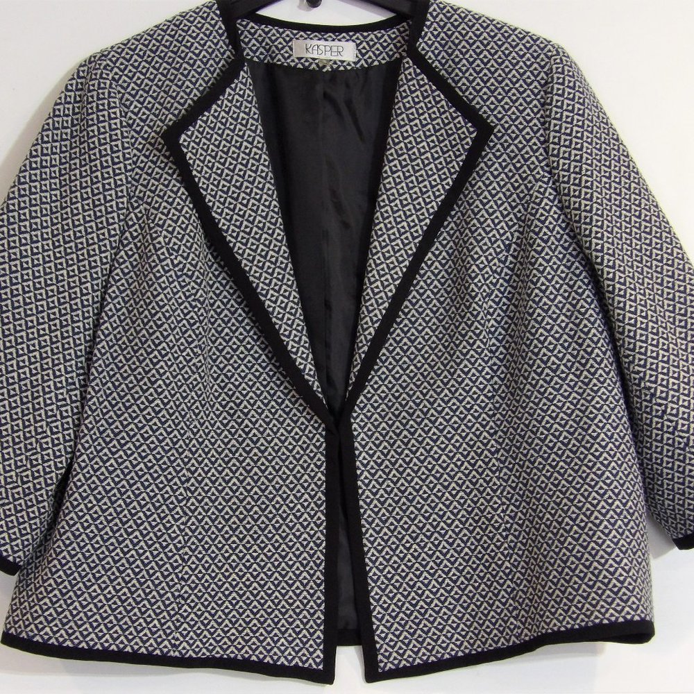 Kasper Women' Blazer Denim Blue and Cream with Black Trim, 20W